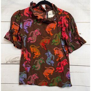 Fox & Hen Brown Ruffle-Neck Printed Short-Sleeve Blouse - NWOT, Size S
